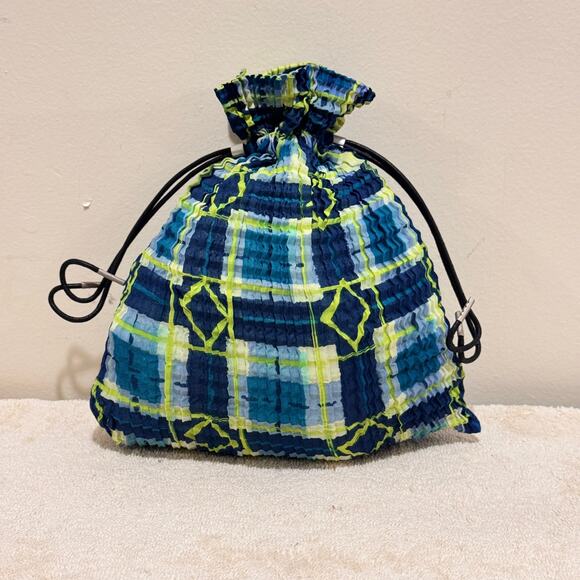 Issey Miyake Handbags - Issey Miyake Pleated Drawstring Pouch Bag Blue Green Plaid Small Made Japan